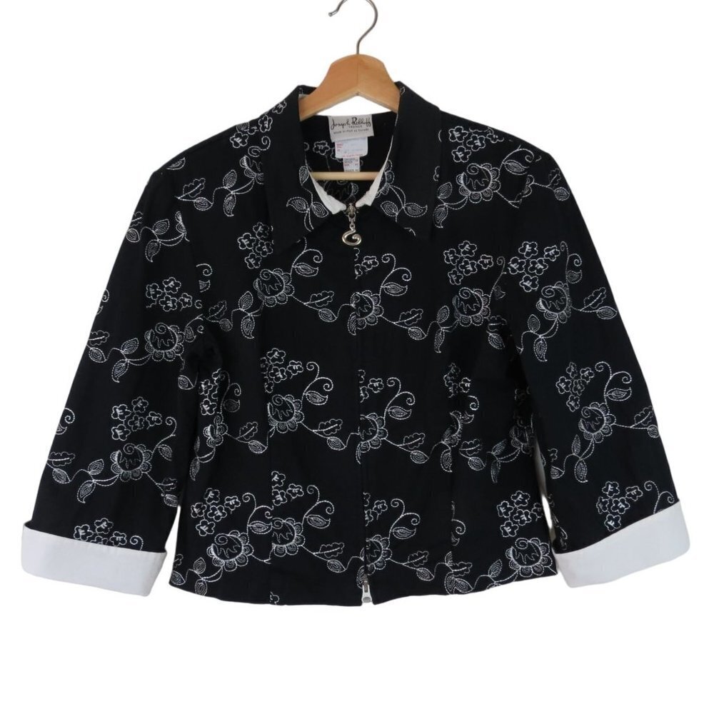JOSEPH RIBKOFF Women's Black White Embroidered Zip Front Jacket 12 Contrast Cuff